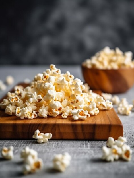 un gros plan d'une planche à découper en bois avec du pop-corn dessus ai générative