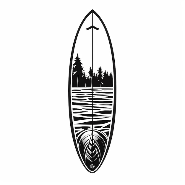 Un gros plan d'une planche de surf avec un lac et des arbres en arrière-plan