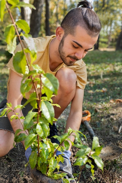 Gros plan sur la plantation de nouvelles plantes dans la nature