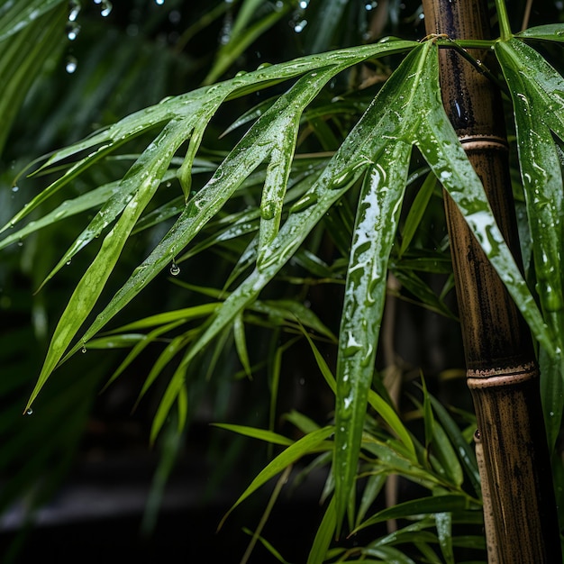 un gros plan d'une plante de bambou avec des gouttes d'eau dessus