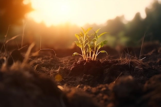 Un gros plan d'une plante dans le sol avec le soleil qui brille dessus