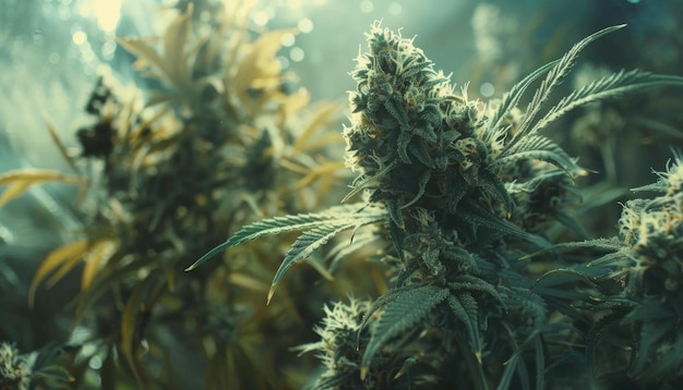 Un gros plan d'une plante de marijuana avec beaucoup de feuilles et de bourgeons par une image générée par l'IA