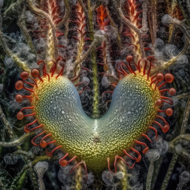 Un gros plan d'une plante avec un objet en forme de coeur au centre.