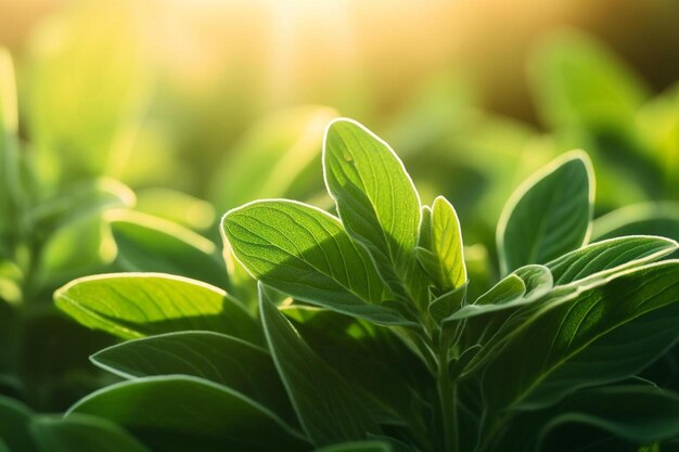 un gros plan d'une plante avec le soleil brillant à travers les feuilles