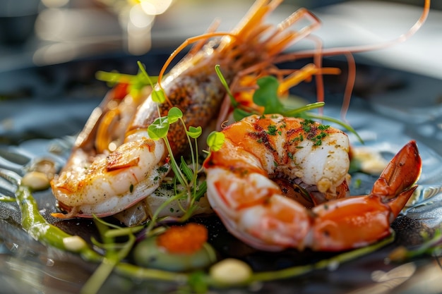 Un gros plan d'un plat de fruits de mer préparé par un maître cuisinier Le plat est un festin pour les yeux ainsi que pour le palais avec les fruits de mer frais au centre de la scène