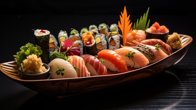Gros plan d'un plateau de bateau à sushi rempli d'un assortiment de nigiri et de petits pains