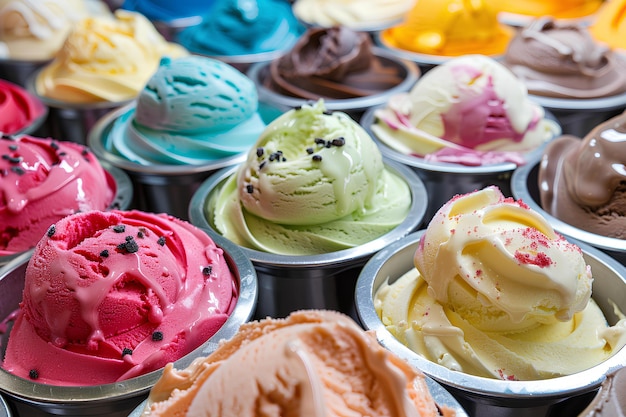 Un gros plan d'un plateau de crèmes glacées avec différentes couleurs de crème glacée et saupoudré de