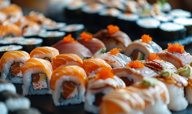 un gros plan d'un plateau de sushi avec différents types de sushi génératifs ai