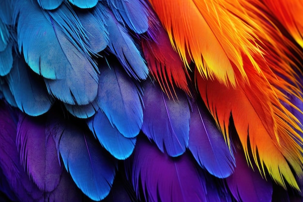 Gros plan de plumes d'oiseaux aux couleurs vives