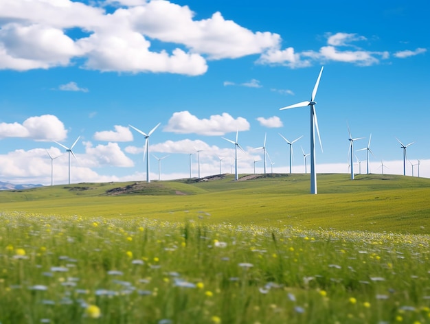 Gros plan de plusieurs éoliennes sous un ciel bleu et des nuages blancs