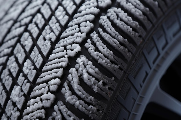 Gros plan d'un pneu d'hiver de qualité recouvert de neige et de gel
