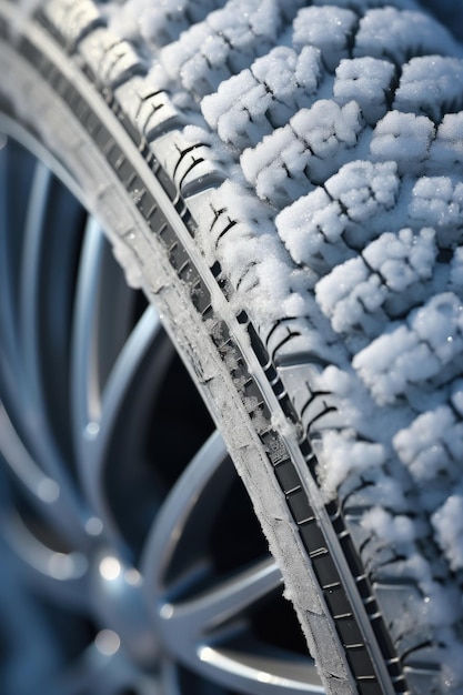 Gros plan d'un pneu d'hiver de qualité recouvert de neige et de gel