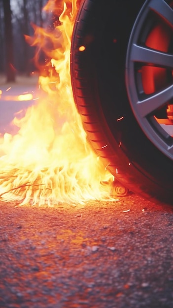 Photo un gros plan d'un pneu de voiture en feu