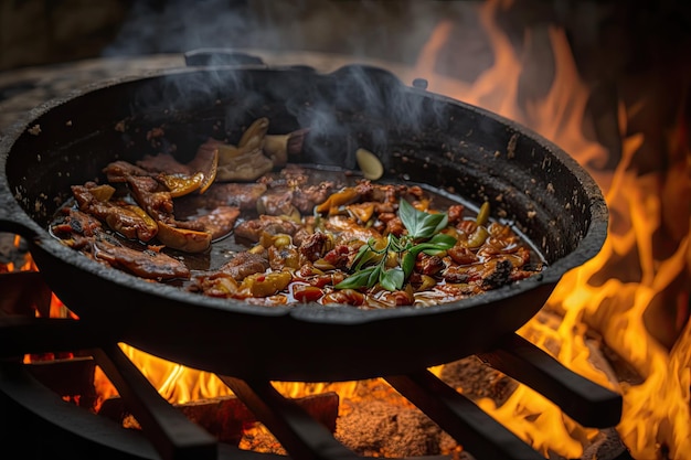 Gros plan sur une poêle à frire grésillante avec des morceaux de viande brûlants