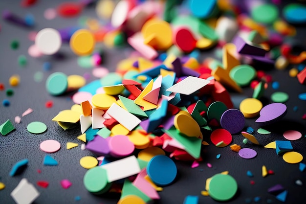 Un gros plan d'une poignée de confettis colorés de différentes formes et tailles