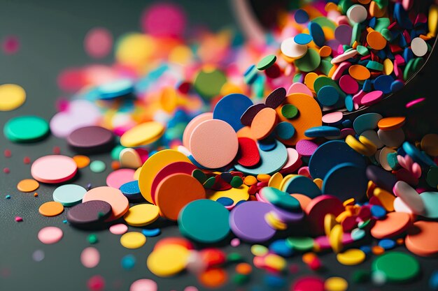 Un gros plan d'une poignée de confettis colorés de différentes formes et tailles