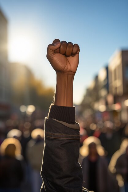 Photo gros plan un poing en l'air lors d'une manifestation de rue