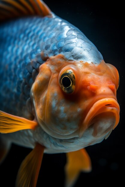 Un gros plan d'un poisson bleu avec un oeil jaune