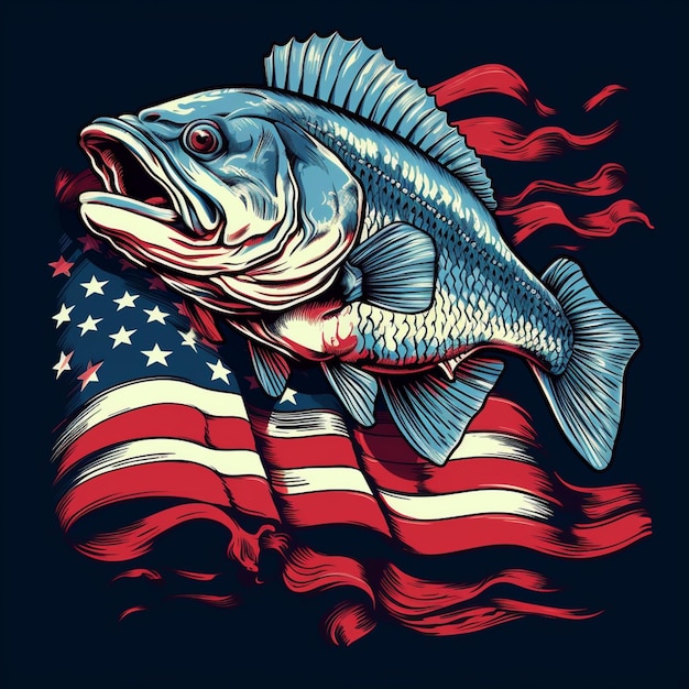 un gros plan d'un poisson sur un drapeau avec un poisson à l'arrière-plan