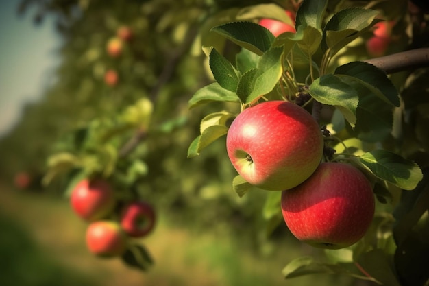 Un gros plan de pommes sur un arbre