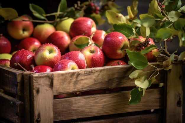 Gros plan de pommes fraîchement cueillies dans une caisse en bois créée avec une IA générative