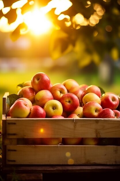 Un gros plan de pommes rouges dans une caisse en bois