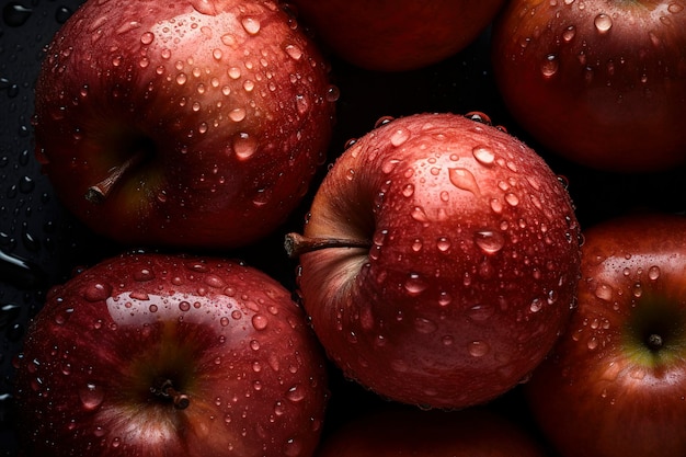 Un gros plan de pommes rouges avec des gouttelettes d'eau sur eux