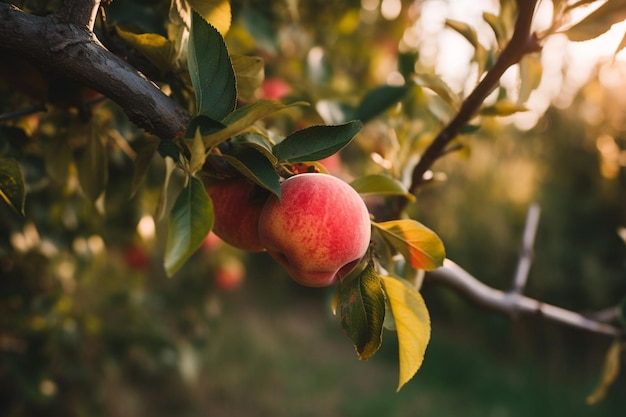 Un gros plan d'un pommier avec quelques pommes suspendues.