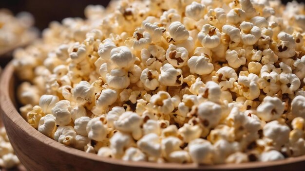 Un gros plan de pop-corn dans un bol en bois