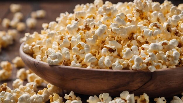 Un gros plan de pop-corn dans un bol en bois