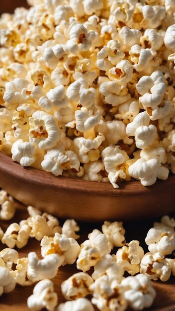 Un gros plan de pop-corn dans un bol en bois