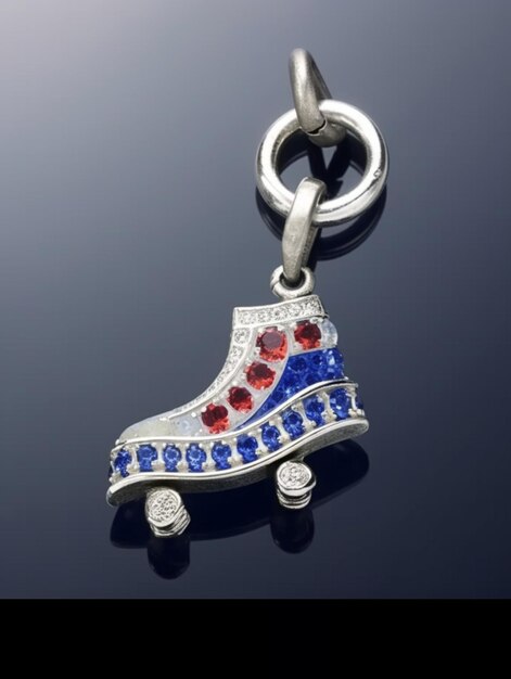 un gros plan d'un porte-clés en forme de chaussure avec une IA générative de conception bleue et rouge