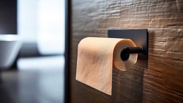Un gros plan d'un porte-papier toilette minimaliste doté d'un design métallique élégant ajoutant un élément subtil de sophistication à la salle de bain AI générative