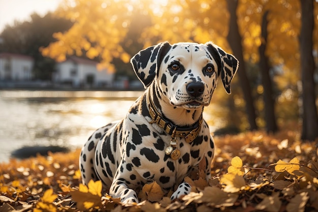 gros plan portrait drôle mignon chien dalmatien assis dans les feuilles d'automne ai générative