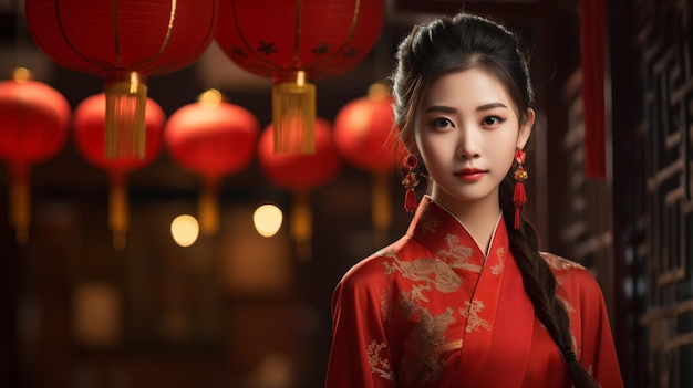 Gros plan portrait femme chinoise asiatique en robe traditionnelle cheongsam qipao sur fond de lanterne rouge flou nouvel an chinois généré IA