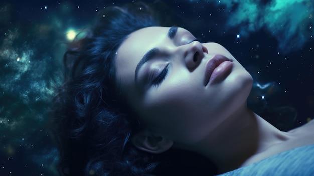 Gros plan portrait femme dormant dans l'espace flottant avec nébuleuse étoilée galaxie image IA générative weber