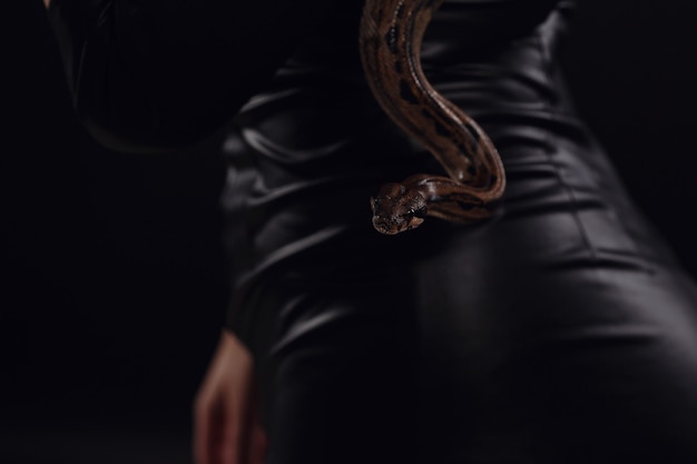 Gros plan le portrait d'une femme sexy avec un serpent en tenue de latex