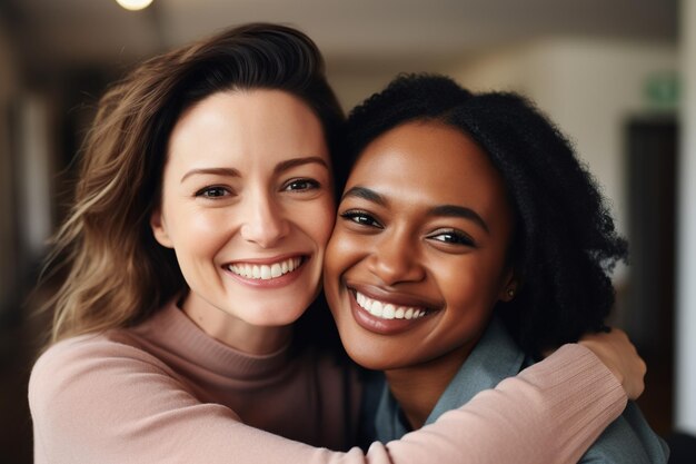 Gros plan, portrait de femmes multiethniques souriantes, amies, étreintes, posant au bureau ensemble, heureuses et diverses collègues de travail ethniques, montrent leur amitié sur le lieu de travail, leur unité et leur soutien au travail