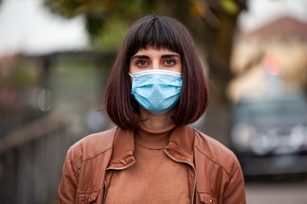 Gros plan Portrait d'une fille avec un masque médical en plein air pendant la quarantaine covid en Italie