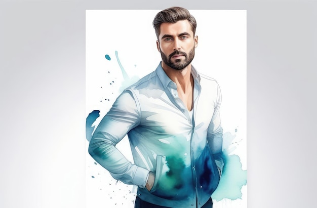 gros plan portrait d'un jeune homme caucasien barbu en veste illustration aquarelle