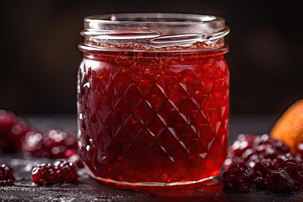 Gros plan d'un pot de confiture maison avec des gouttelettes scintillantes sur la surface créée avec une IA générative