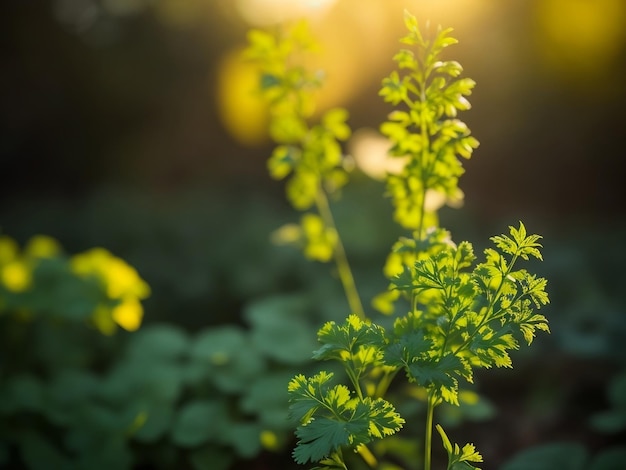 Gros plan d'un potager biologique à la coriandre dans un paysage ensoleillé généré par ai