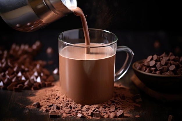 Gros plan de poudre de chocolat chaud versée dans le lait