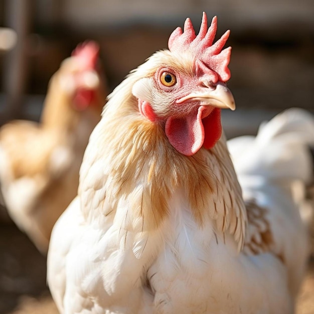 un gros plan d'un poulet avec un bec rouge