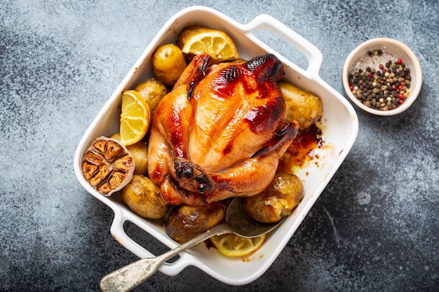 Gros plan de poulet bio croustillant juteux entier cuit au four ou rôti avec pommes de terre, ail, citron dans une cocotte blanche avec cuillère de service sur fond rustique en béton, vue de dessus