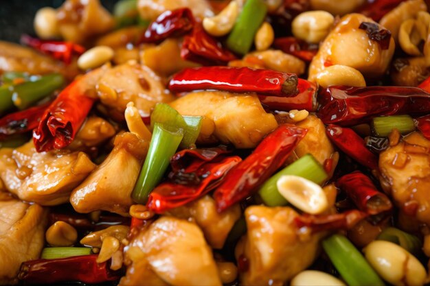 Photo gros plan de poulet kung pao avec piments rouges séchés et oignons verts