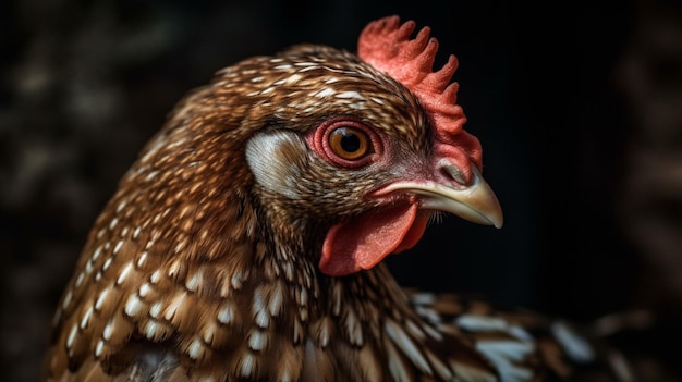 Un gros plan d'un poulet avec un oeil rouge