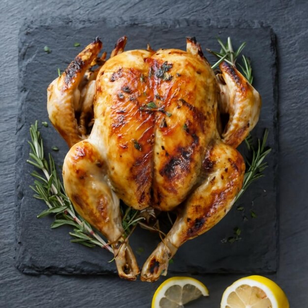 Photo un gros plan de poulet rôti juteux et croustillant sur une planche d'ardoise sur la table.