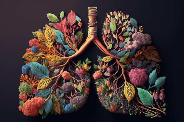 Gros plan des poumons de personnes remplis de fleurs colorées créées avec une IA générative