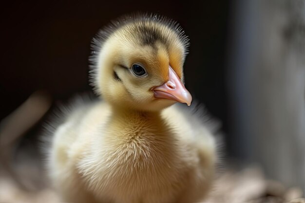 Gros plan d'un poussin nouveau-né moelleux avec son bec et ses plumes en pleine vue créé avec une IA générative